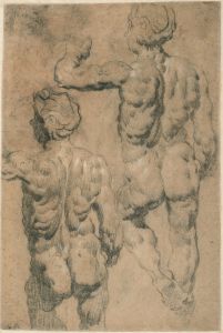 Tintoretto Jacopo (Jacopo Robusti) - Nude Study Seen From Behind, with Left Arm Raised, After a Sculpture by Jacopo Sansovino (recto) 
; Two Nude Studies, with Left Arm Raised (verso)